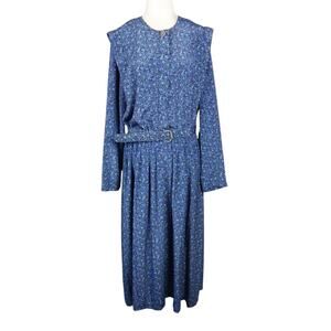Vintage 80s Leslie Fay Blue Floral Belted Blouson Midi Dress L